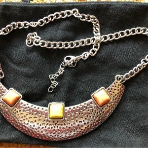 Silver tone necklace with 3 square stones